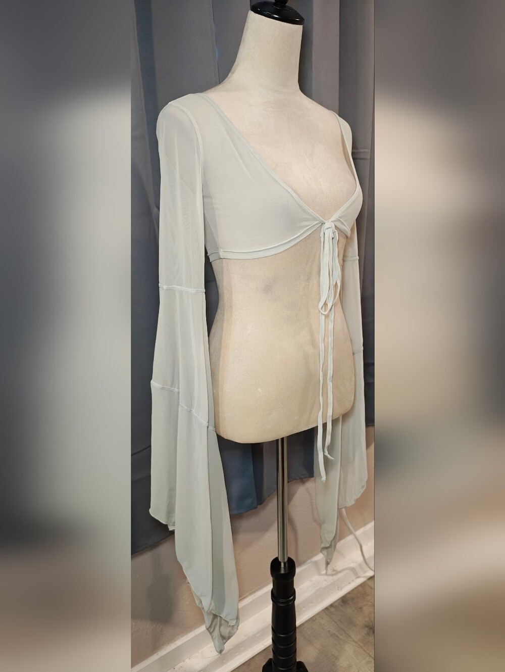 Darker Wavs Sheer Tie Front Festival Crop Top w Dramatic Fairy Bell Sleeves. - Picture 2 of 10